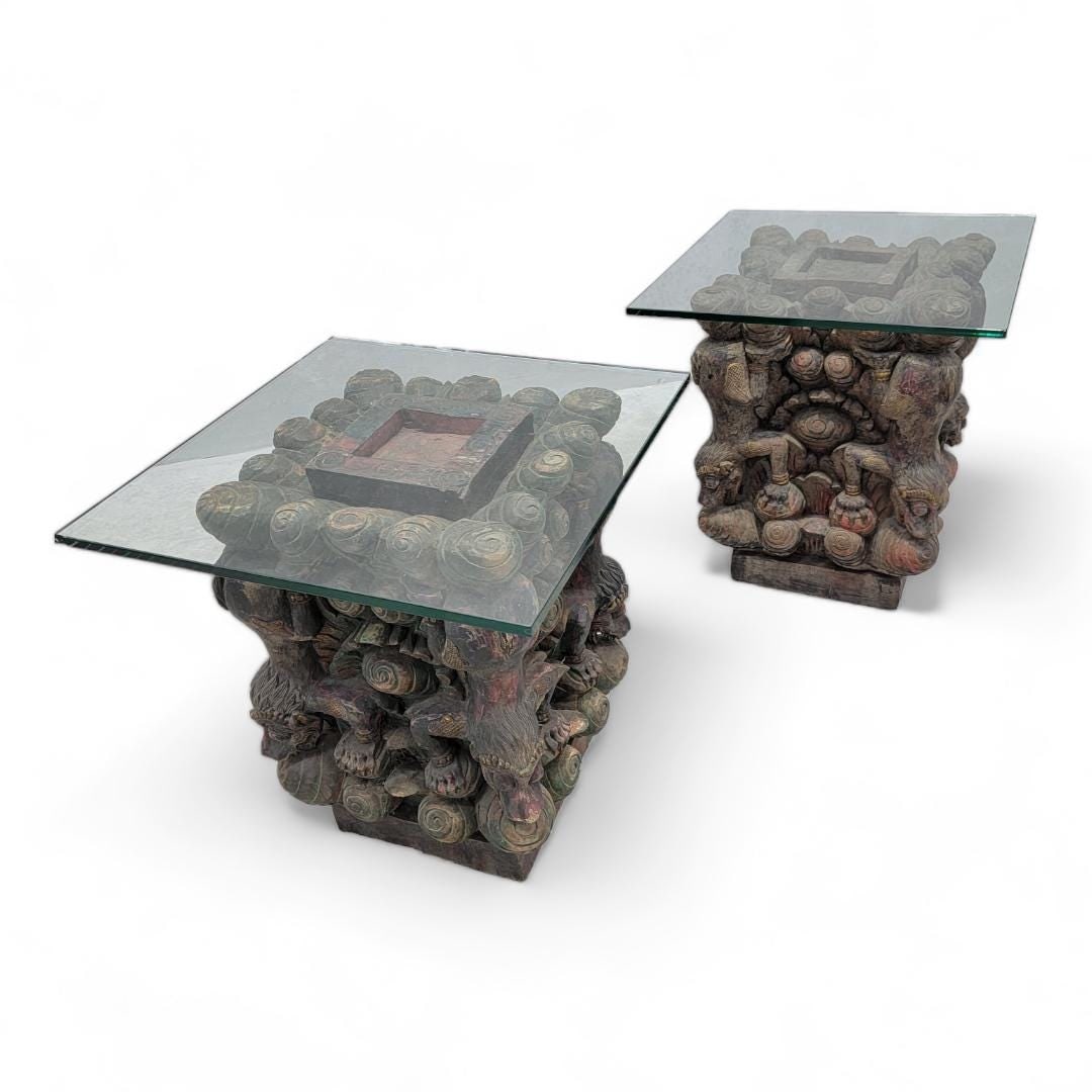 Antique Carved Polychromed Balinese Garuda Statues on Glass Top Side-Table/Pedestals - Set of 2 - 5