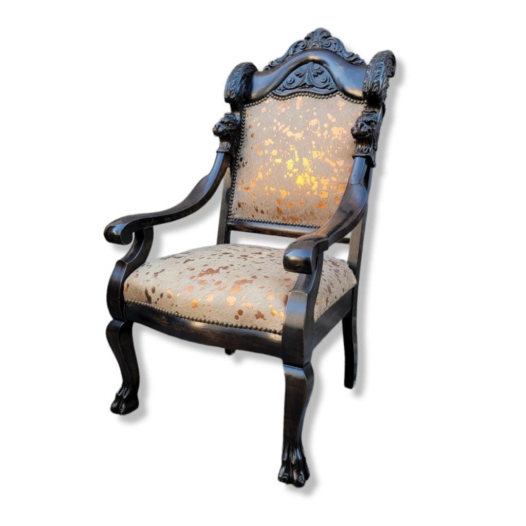Antique French Baroque Carved Fireside Accent Chair Newly Reupholstered in Cowhide: Title: Antique French Baroque Carved Fireside Accent Chair Newly Reupholstered in Cowhide Description: Antique French Baroque Carved Mahogany Fireside Throne Chair Newly Reupholstered in Metallic