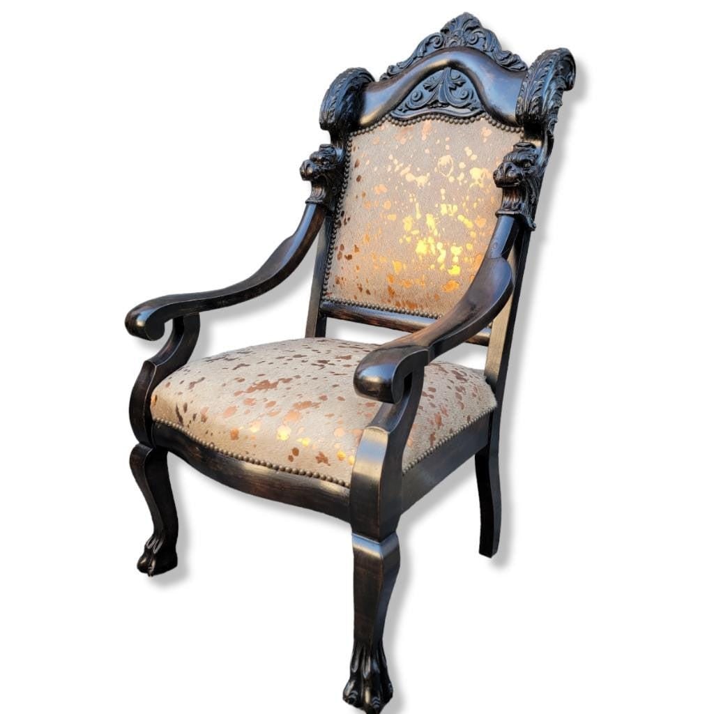 Antique French Baroque Carved Fireside Accent Chair Newly Reupholstered in Cowhide - 2