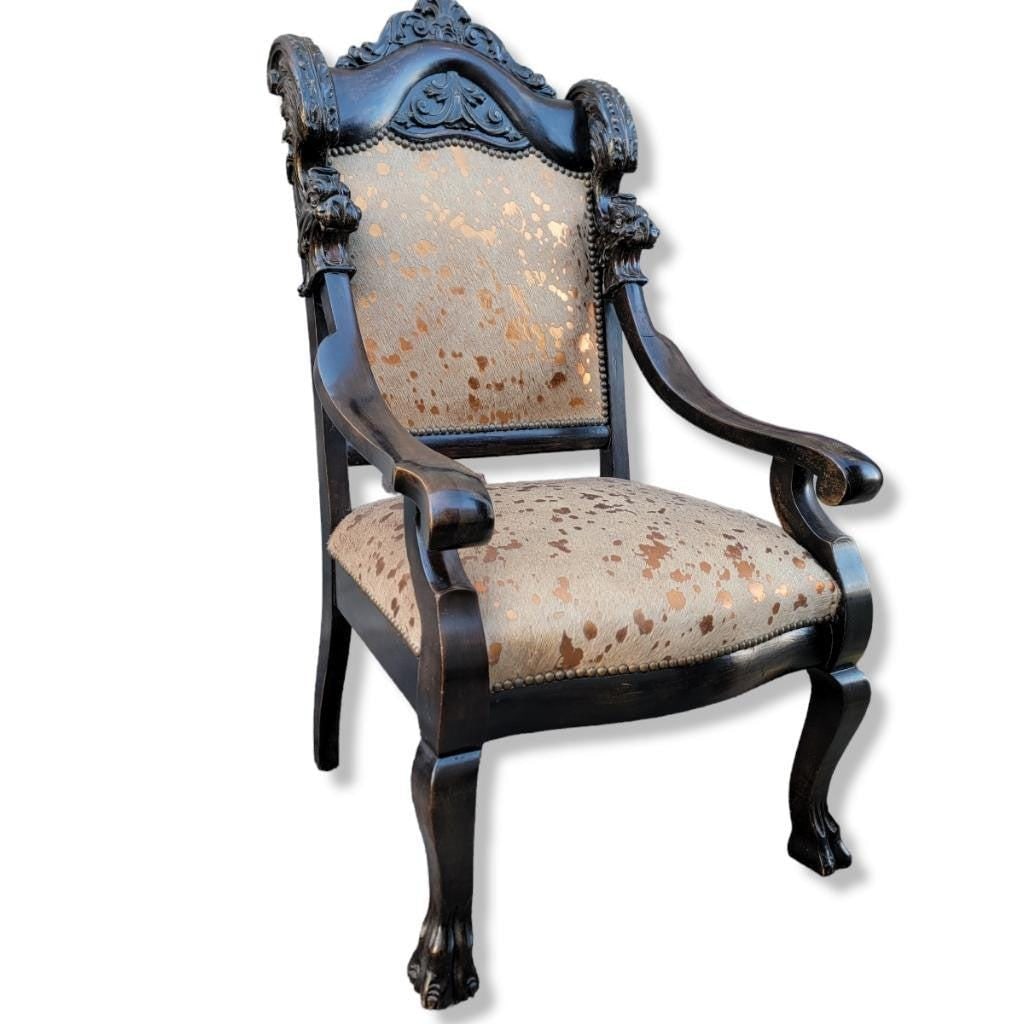 Antique French Baroque Carved Fireside Accent Chair Newly Reupholstered in Cowhide - 3