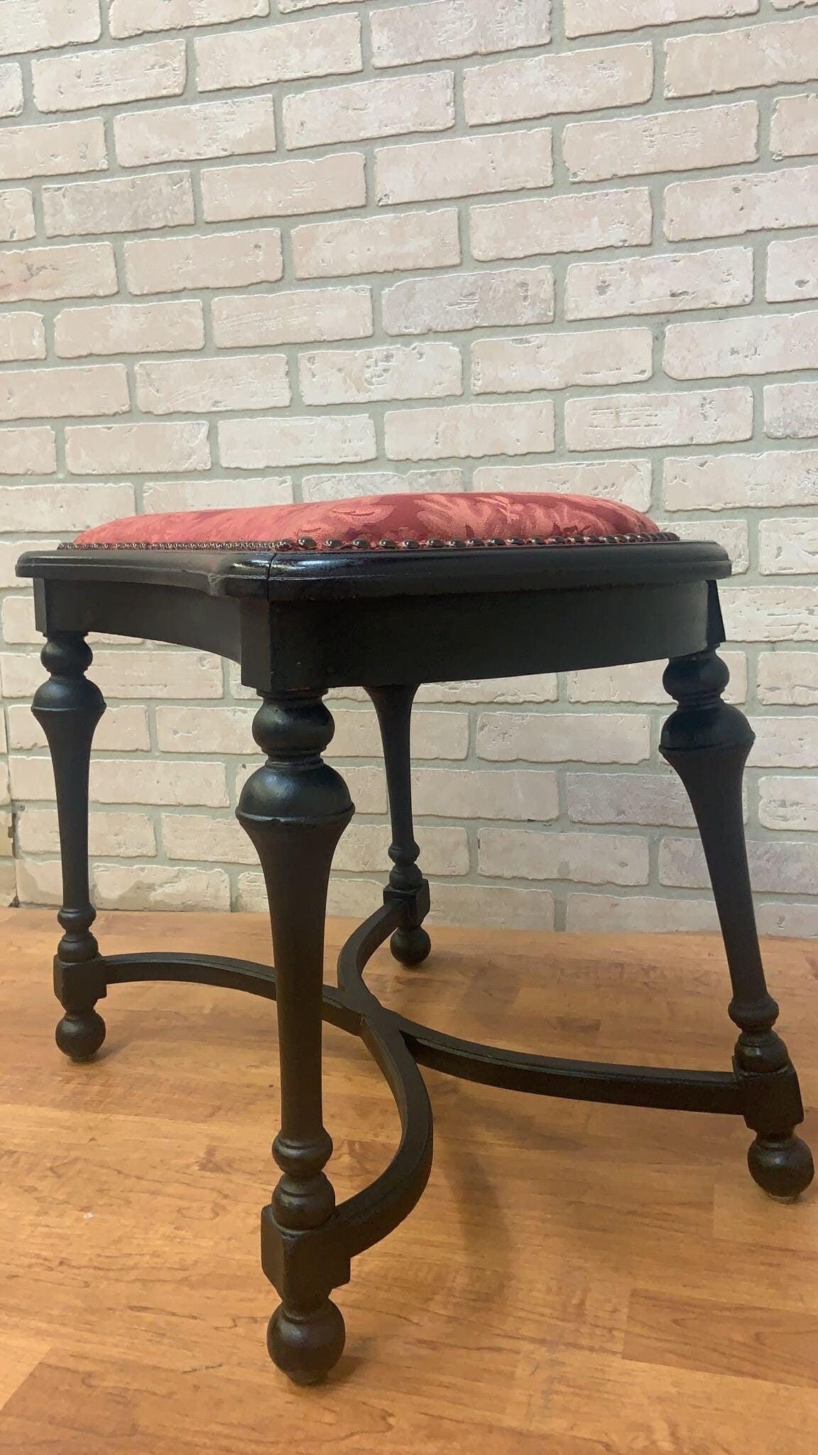 Antique Ebonized Stool Bench with Nail Head Finish - 7