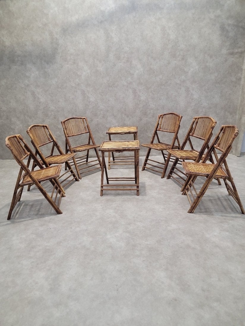 Mid Century Modern British Colonial Style Bamboo Folding Chairs with 2 Folding Bamboo Side Tables -: Title: Mid Century Modern British Colonial Style Bamboo Folding Chairs with 2 Folding Bamboo Side Tables - 8 Piece Description: Materials: wood, bamboo Mid Century Modern British Colonial Style