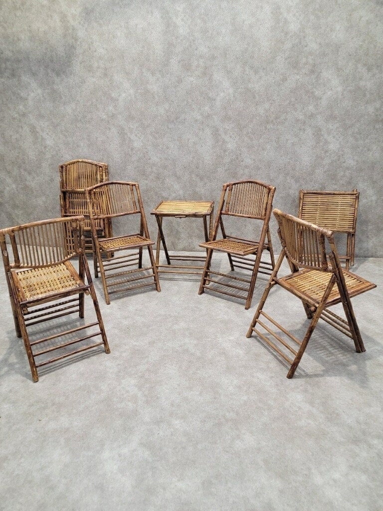 Mid Century Modern British Colonial Style Bamboo Folding Chairs with 2 Folding Bamboo Side Tables - - 3