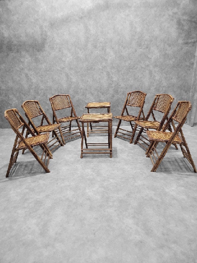 Mid Century Modern British Colonial Style Bamboo Folding Chairs with 2 Folding Bamboo Side Tables - - 5