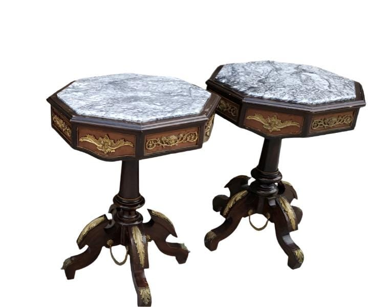 Antique French Regency Ormolu Octagon Inlaid Marble Top Side Tables - Pair - 2