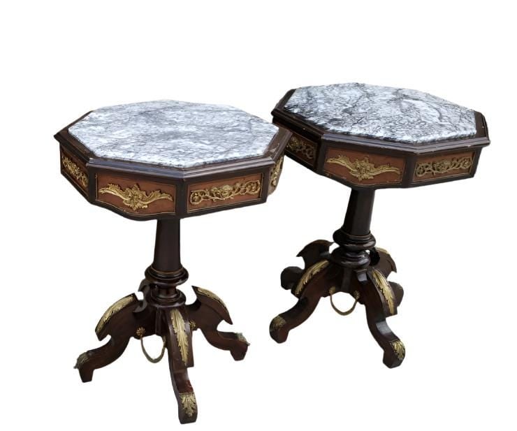 Antique French Regency Ormolu Octagon Inlaid Marble Top Side Tables - Pair - 4