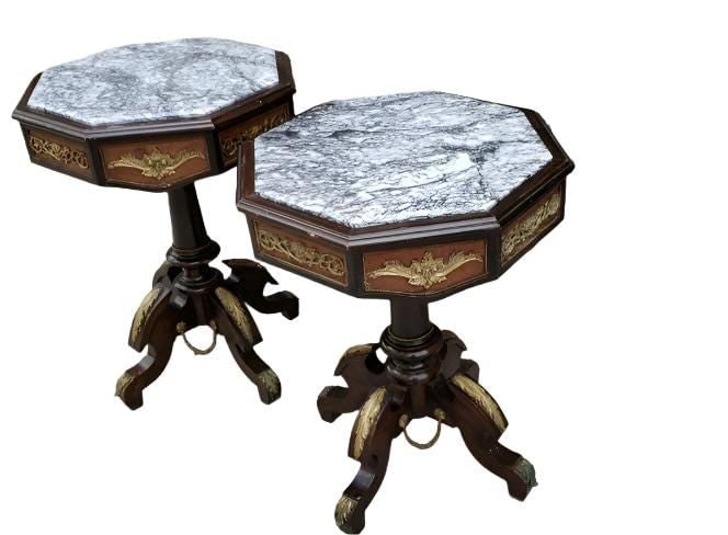 Antique French Regency Ormolu Octagon Inlaid Marble Top Side Tables - Pair - 5