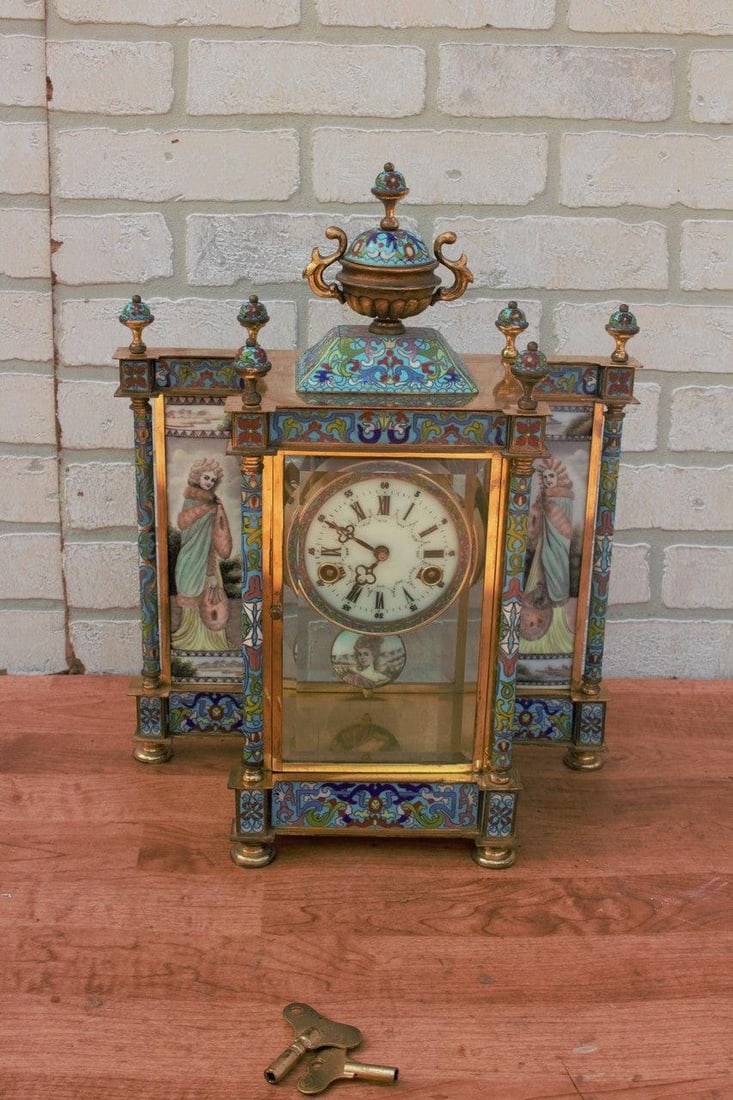 Vintage Chinese Cloisonné Enamel Wind Up 7 Day Chiming Clock - 3