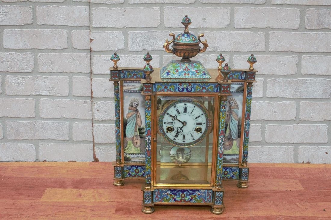 Vintage Chinese Cloisonné Enamel Wind Up 7 Day Chiming Clock - 5