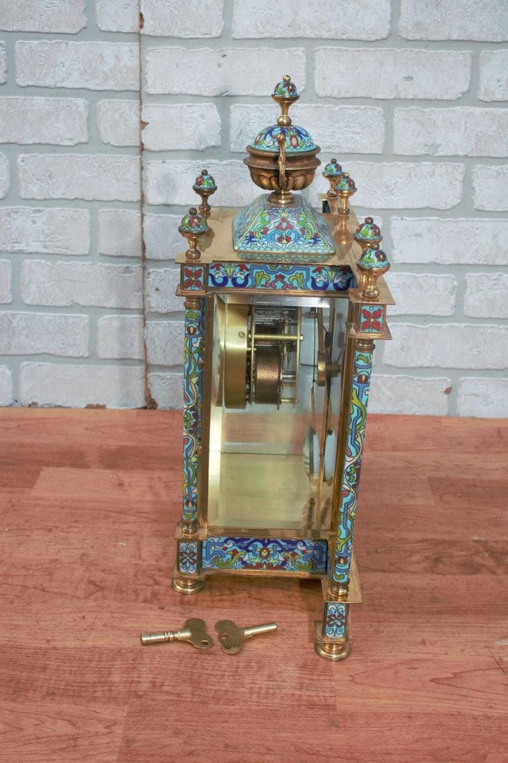 Vintage Chinese Cloisonné Enamel Wind Up 7 Day Chiming Clock - 6