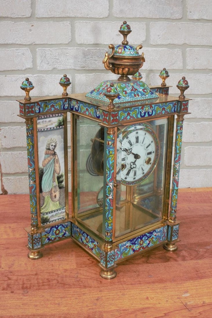 Vintage Chinese Cloisonné Enamel Wind Up 7 Day Chiming Clock - 7