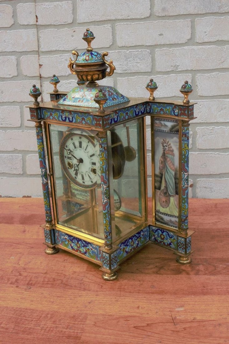 Vintage Chinese Cloisonné Enamel Wind Up 7 Day Chiming Clock - 8