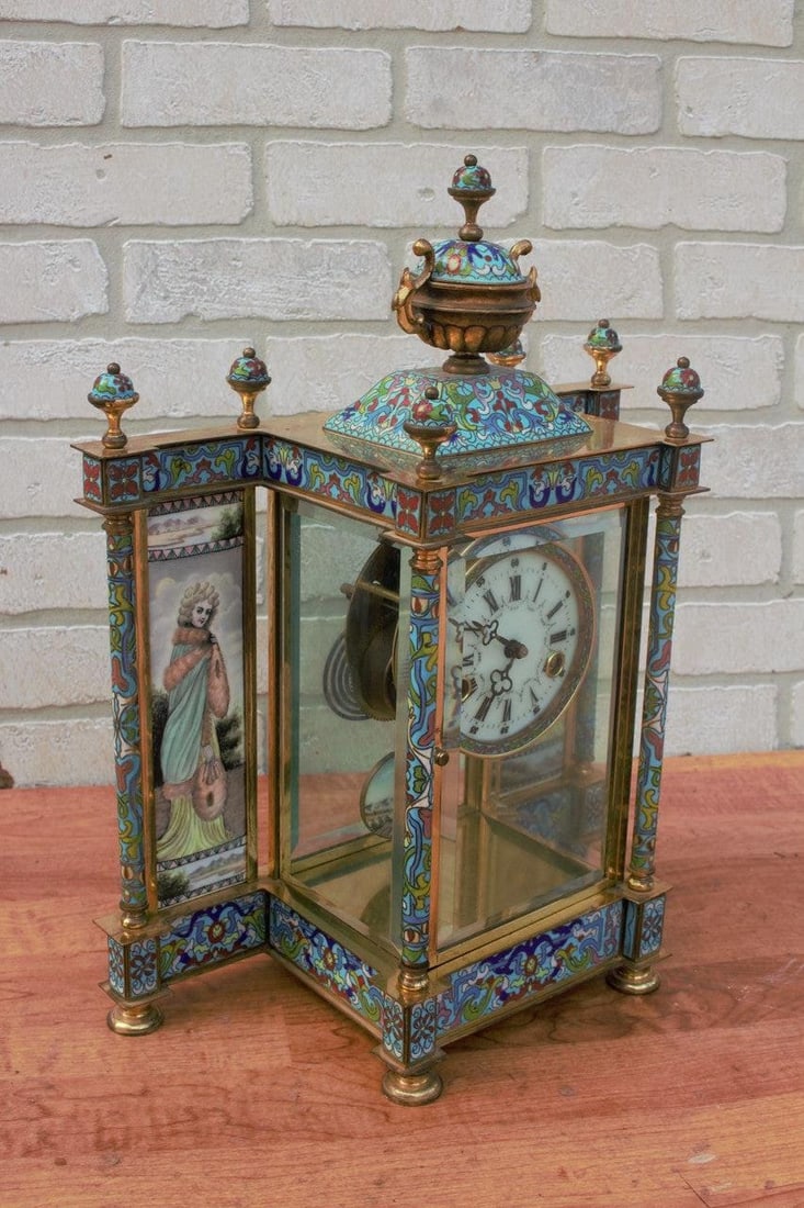 Vintage Chinese Cloisonné Enamel Wind Up 7 Day Chiming Clock - 9