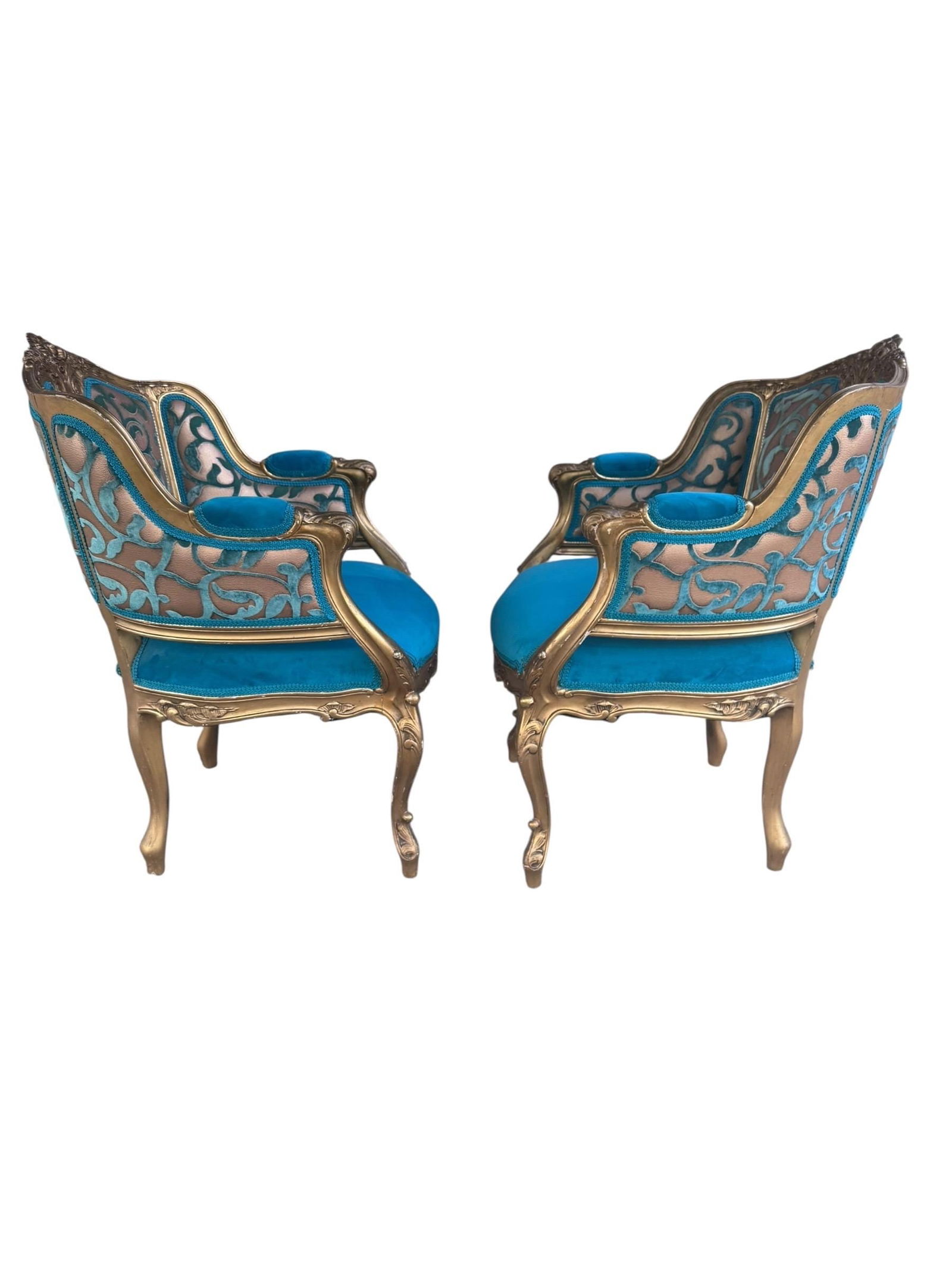 Antique French Louis XV Style Carved Bergere Giltwood Chairs - Pair - 3