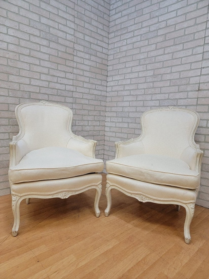 Antique French Provincial Rustic Distressed White Carved Frame Bergere Chairs - Pair (1 of 10)