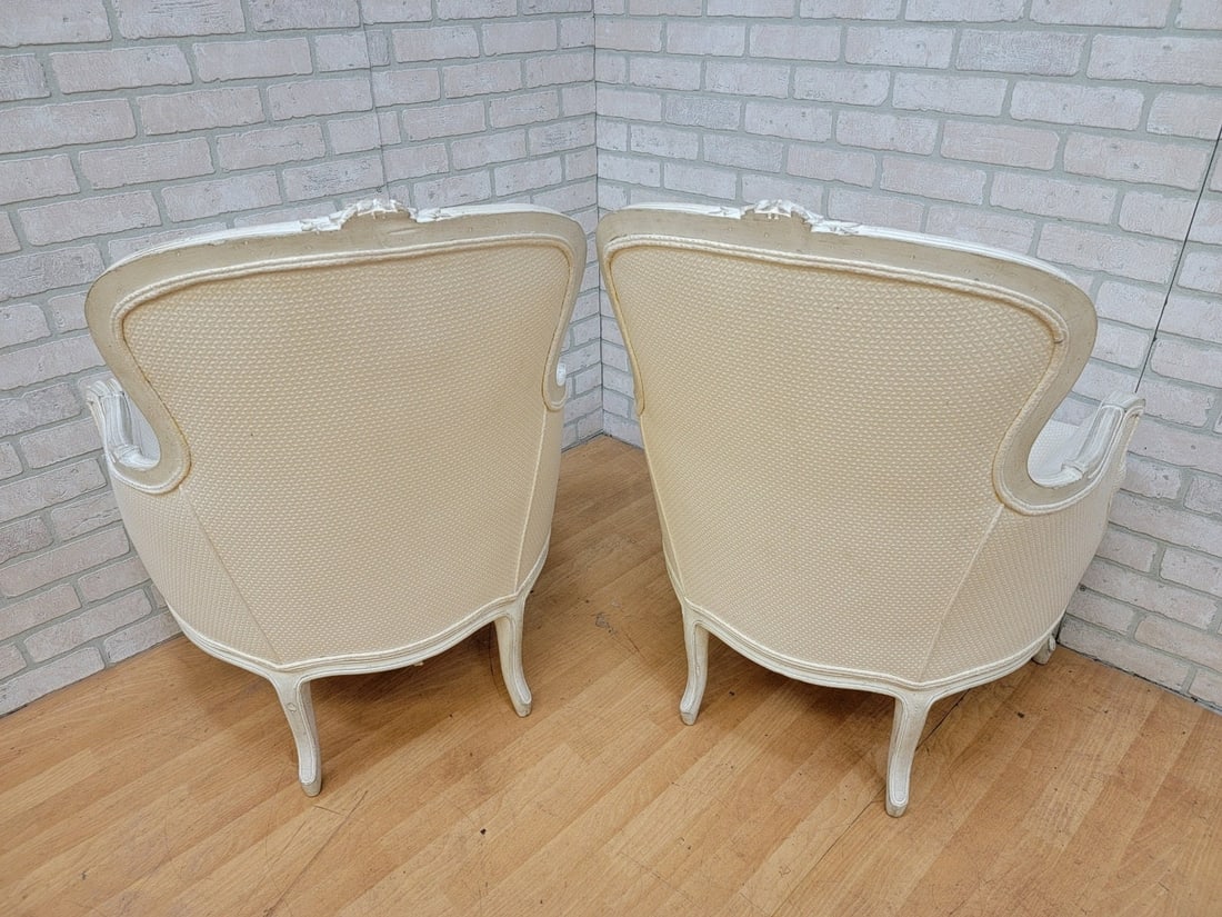 Antique French Provincial Rustic Distressed White Carved Frame Bergere Chairs - Pair - 6
