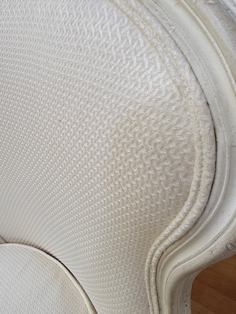 Antique French Provincial Rustic Distressed White Carved Frame Bergere Chairs - Pair - 7