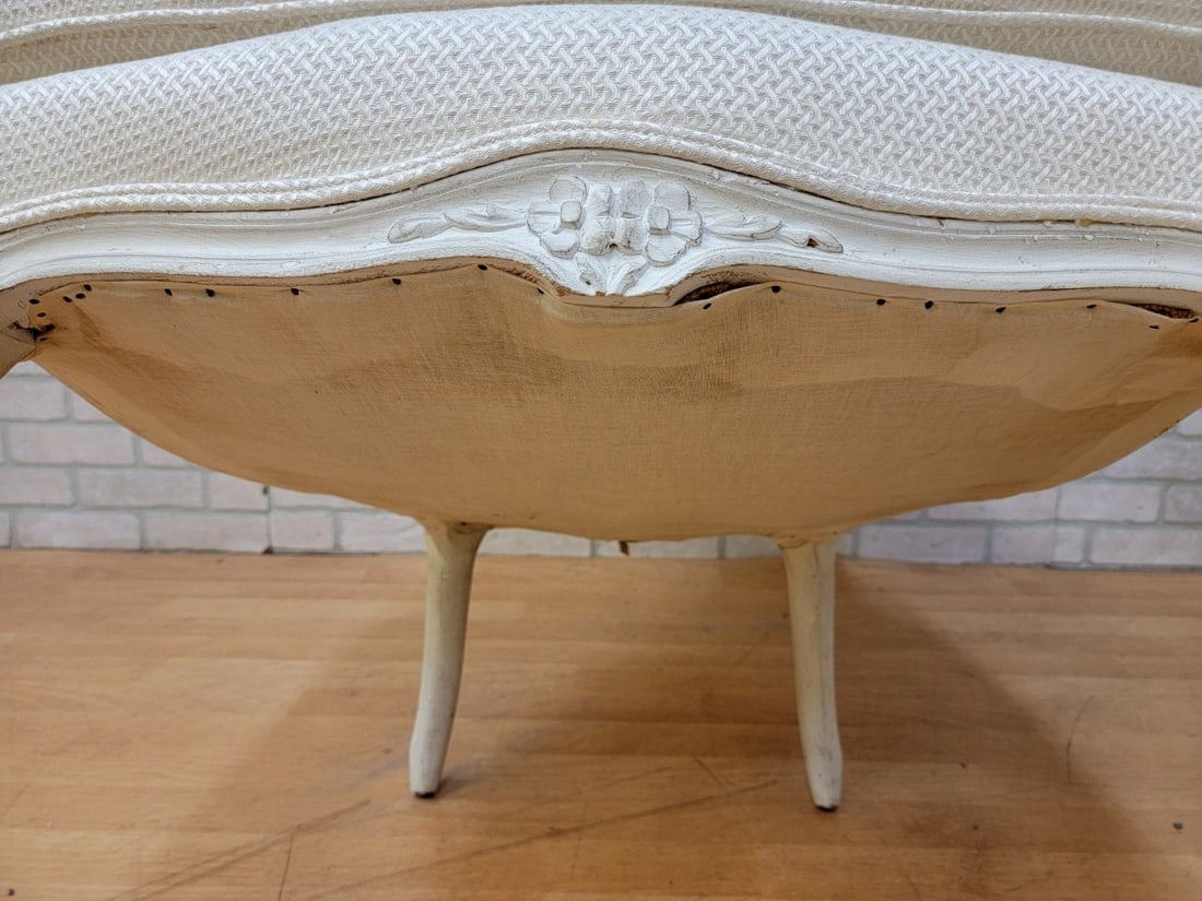 Antique French Provincial Rustic Distressed White Carved Frame Bergere Chairs - Pair - 8