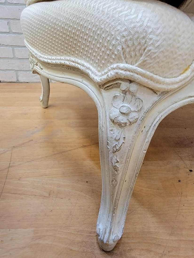 Antique French Provincial Rustic Distressed White Carved Frame Bergere Chairs - Pair - 9