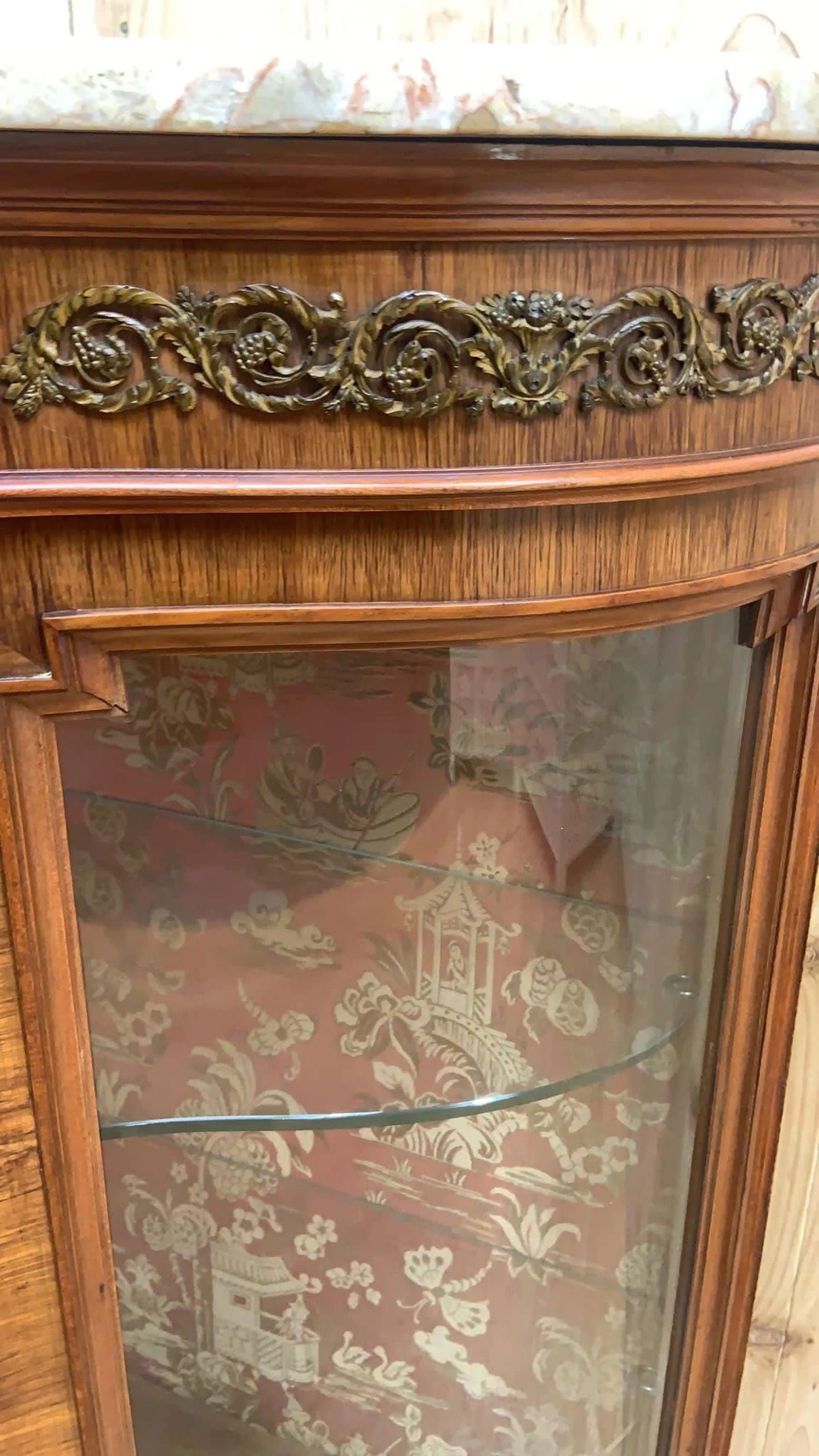 Antique French Louis Style Curved Glass Marble Top Vitrine Display Cabinet - 2