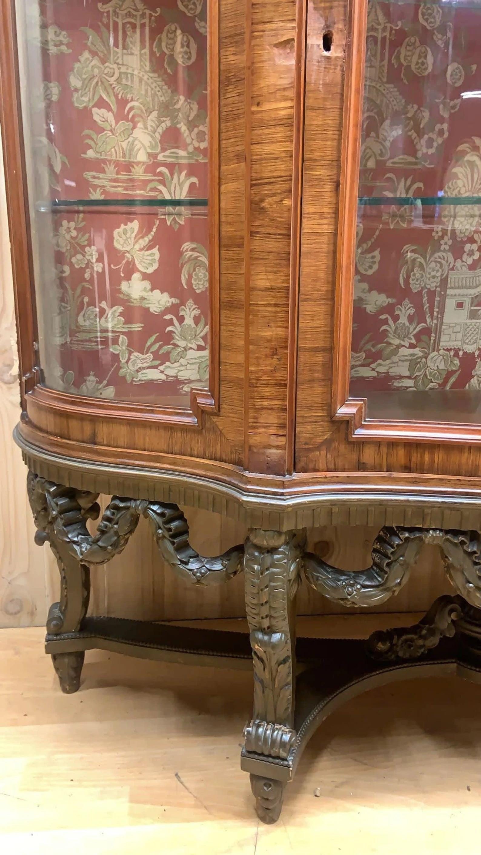 Antique French Louis Style Curved Glass Marble Top Vitrine Display Cabinet - 3