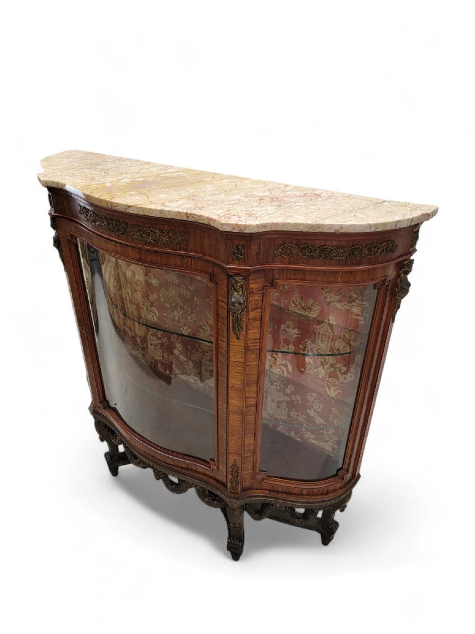 Antique French Louis Style Curved Glass Marble Top Vitrine Display Cabinet - 5
