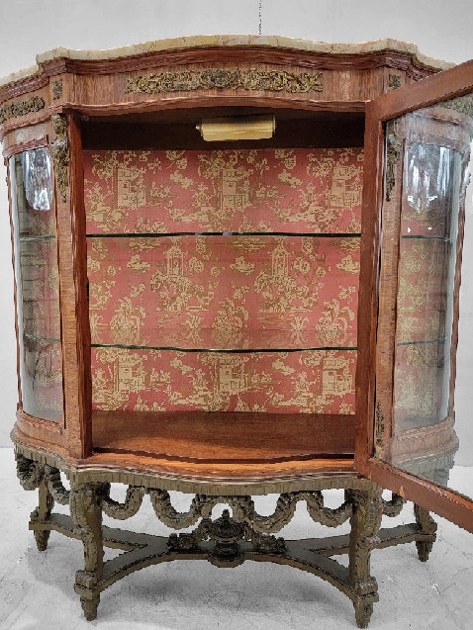 Antique French Louis Style Curved Glass Marble Top Vitrine Display Cabinet - 6