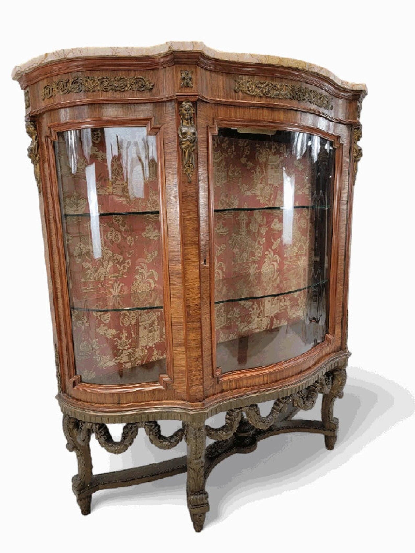 Antique French Louis Style Curved Glass Marble Top Vitrine Display Cabinet - 7