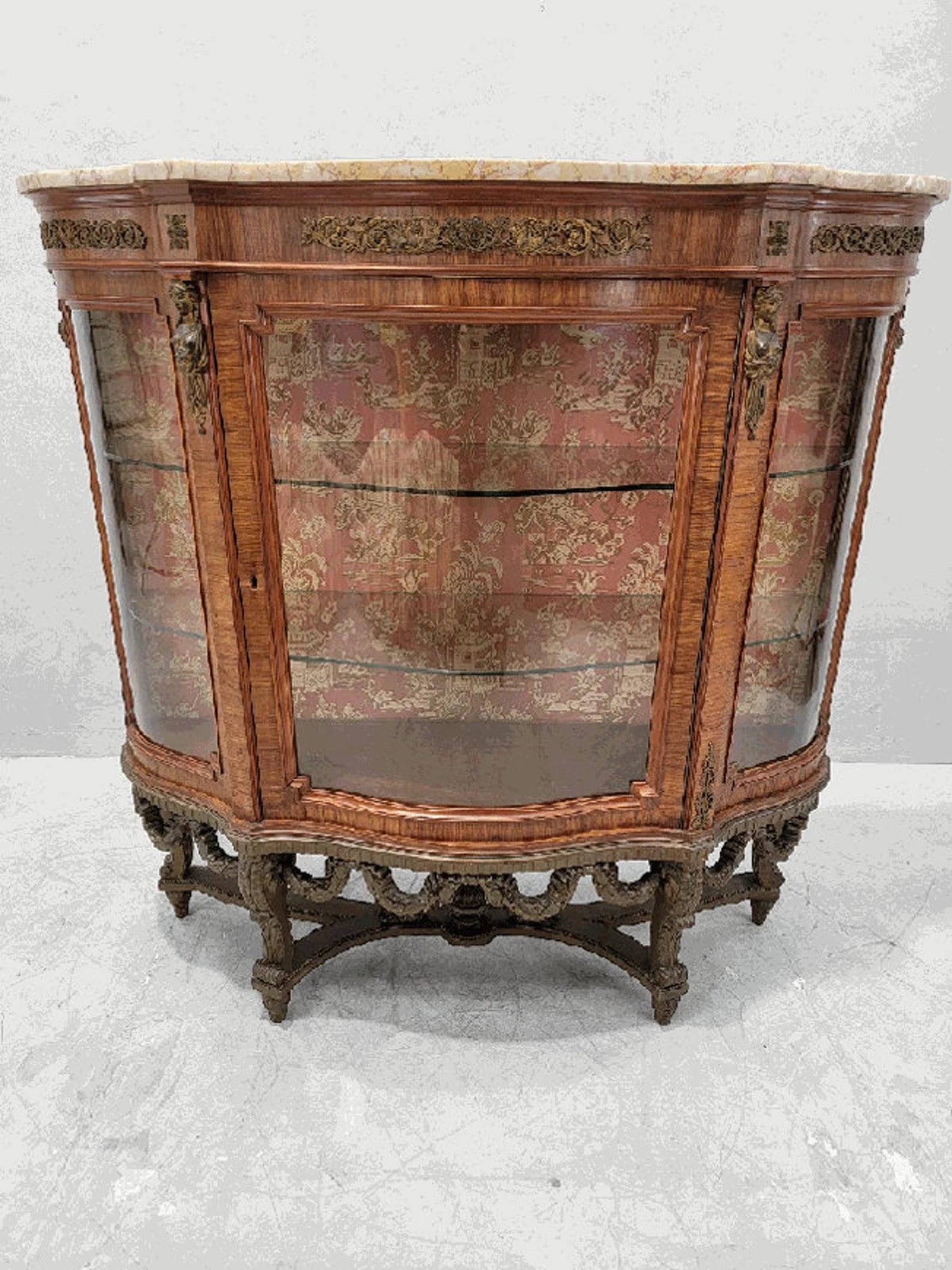 Antique French Louis Style Curved Glass Marble Top Vitrine Display Cabinet - 9
