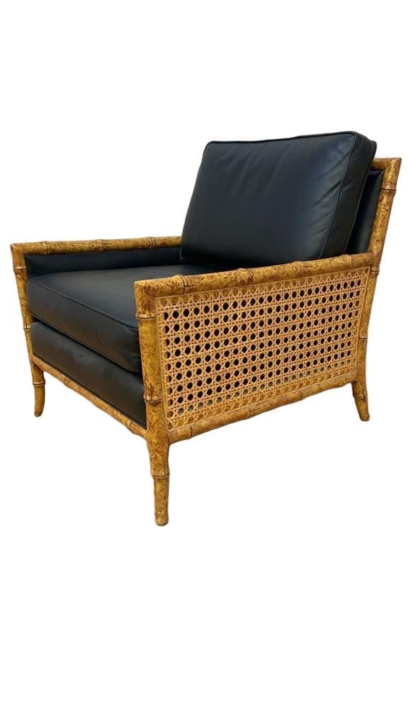 Vintage Interior Crafts Cane and Black Leather Club Lounge Chair - 7