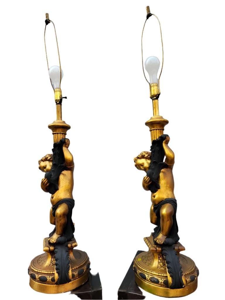 Vintage Italian Gilt Table Lamps in the form of a Cherub/Putti- Pair - 8