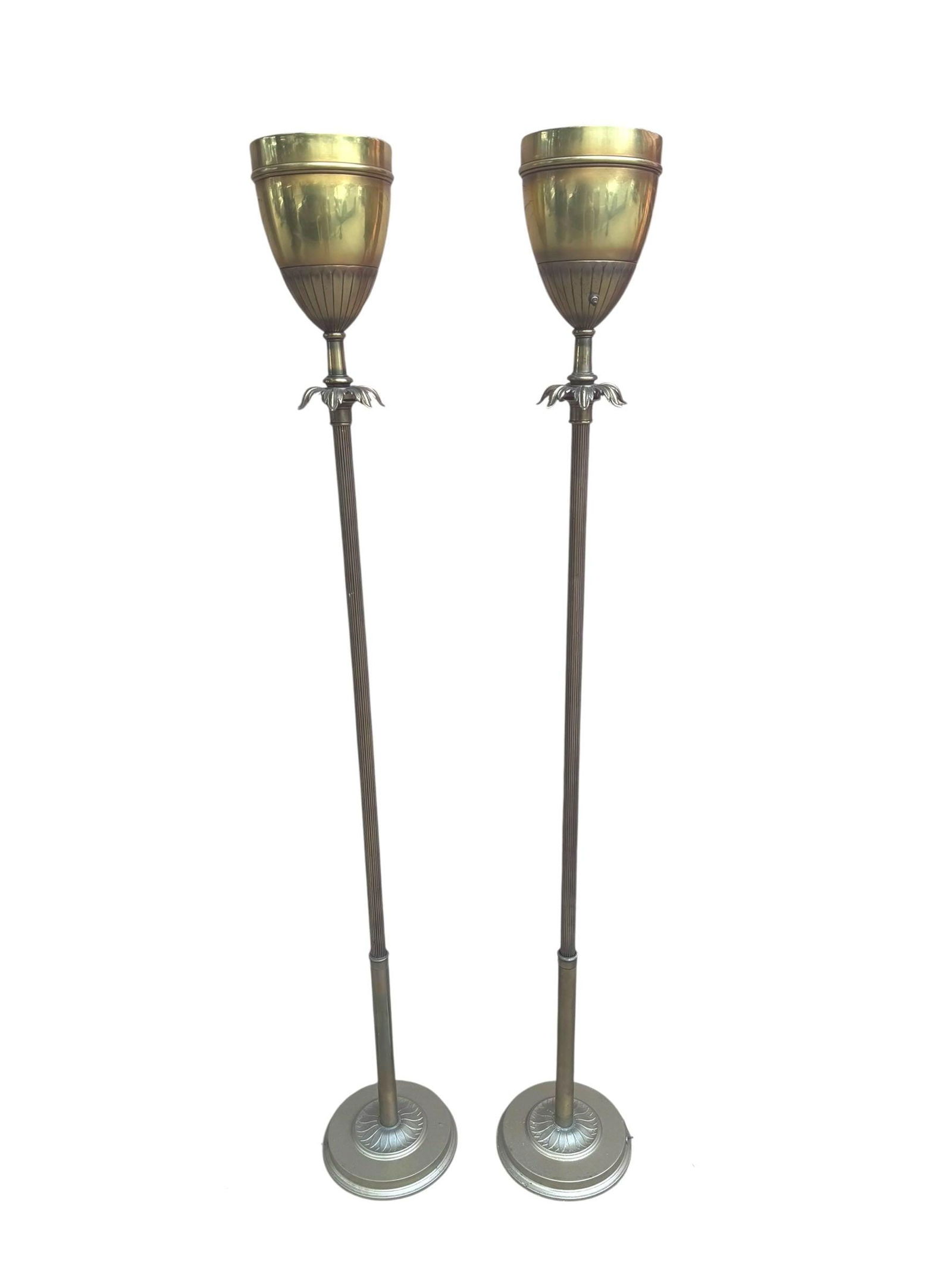hold - Hollywood Regency Brass Uplight Torchiere Floor Lamp - Pair - 2