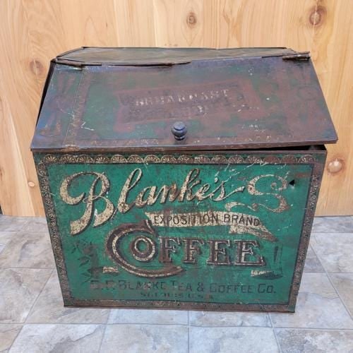 Antique C.F. Blanke Tea and Coffee Company Exposition Brand Green Tin Coffee Bin - 2