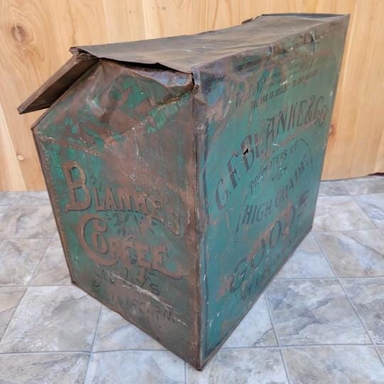Antique C.F. Blanke Tea and Coffee Company Exposition Brand Green Tin Coffee Bin - 7
