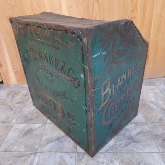 Antique C.F. Blanke Tea and Coffee Company Exposition Brand Green Tin Coffee Bin - 8
