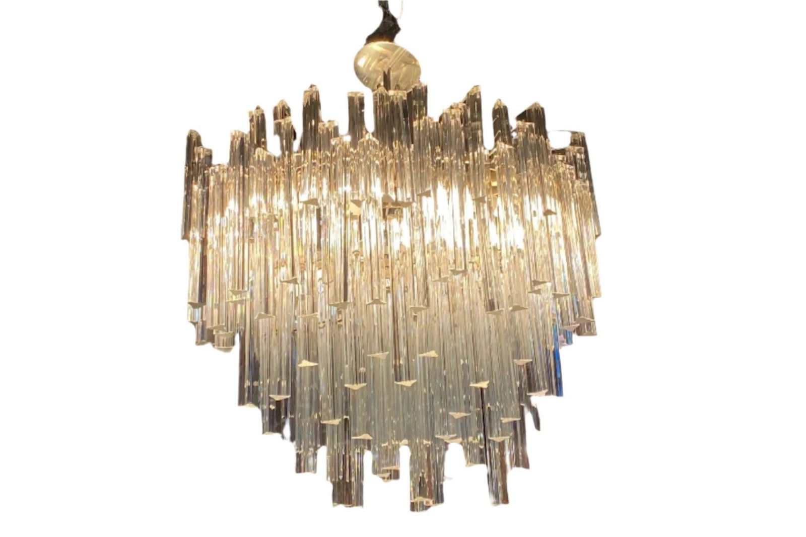Mid Century Modern Sculptural Camer Murano Glass Multi Tier Prism Chandelier: Title: Mid Century Modern Sculptural Camer Murano Glass Multi Tier Prism Chandelier Description: Materials: Glass, metal Depth: 16 inches Height: 34.5 inches Width: 28.5 inches Mid Century Modern Scul