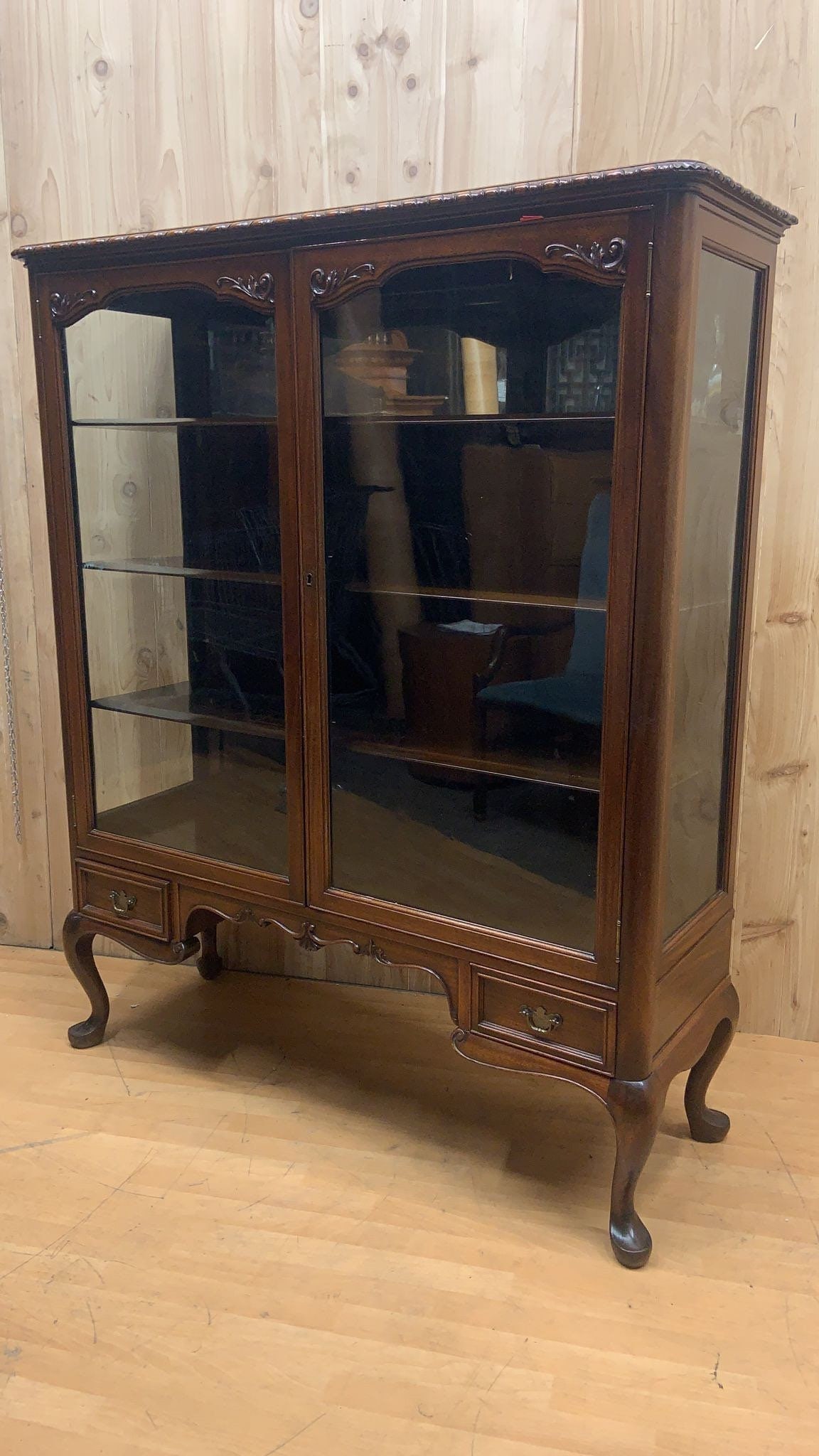 Antique Queen Anne Style Mahogany Glass Panel Bookcase/Display Cabinet - 2