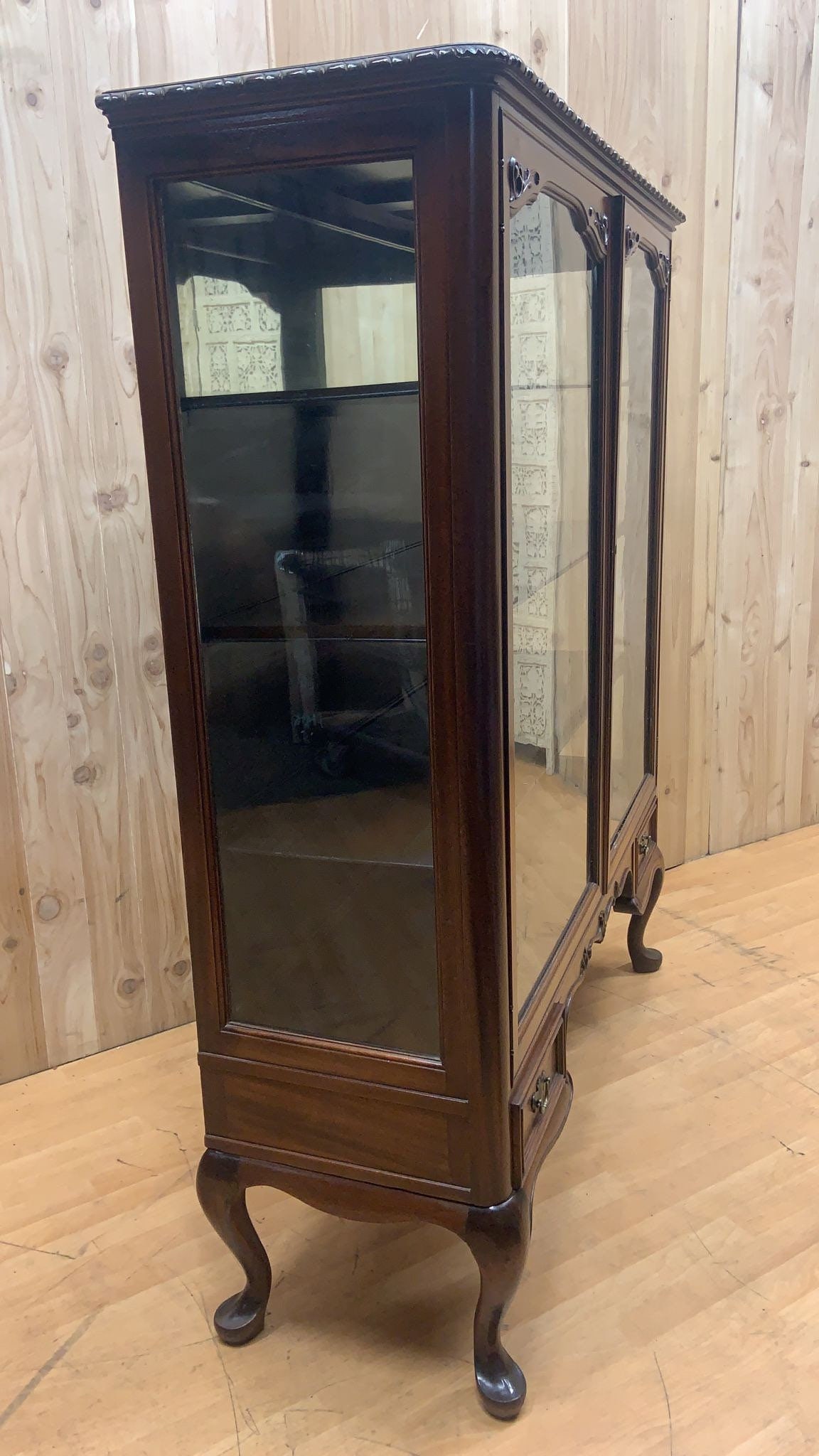 Antique Queen Anne Style Mahogany Glass Panel Bookcase/Display Cabinet - 3