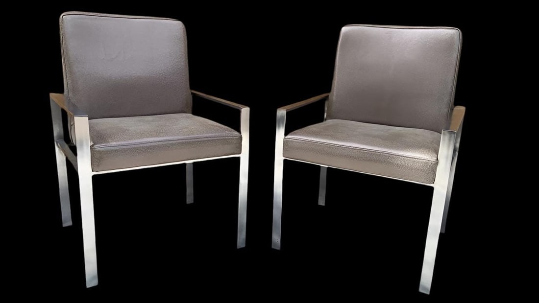 Mid Century Modern Harvey Probber Style Chairs Newly Reupholstered in Leather- Pair: Title: Mid Century Modern Harvey Probber Style Chairs Newly Reupholstered in Leather- Pair Description: Read the full description Materials: MCM chair, armchair, chrome flat bar, cushion, designer, gr