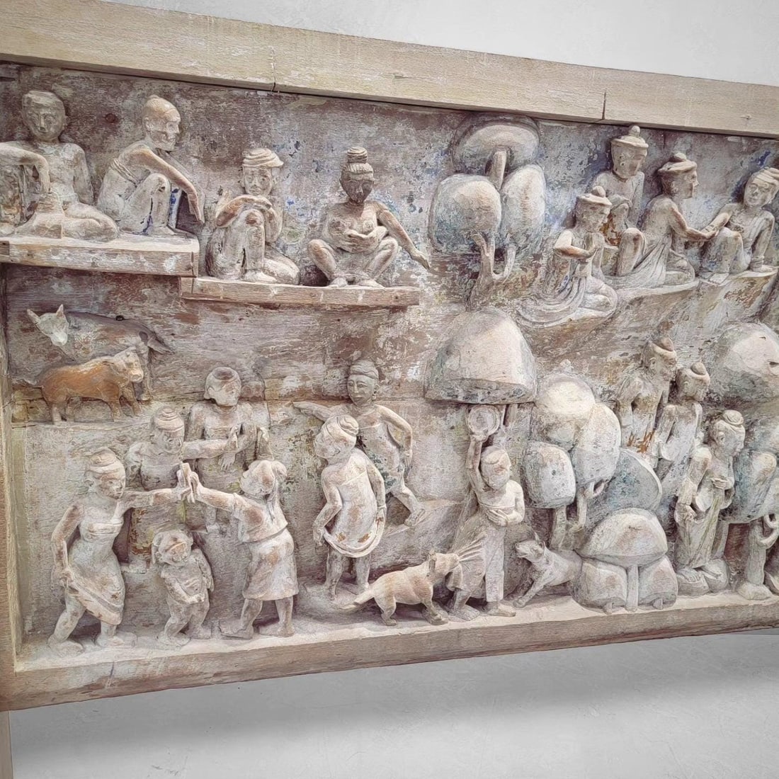 Antique Monumental Burmese Carved Mandalay Village Market Scene with Stand - 5