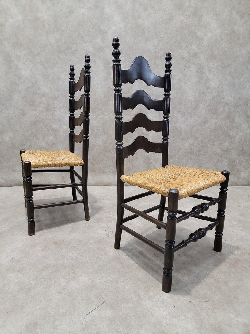 Vintage French Country Style Ladder Back Rush Seat Side Chairs - Pair - 2