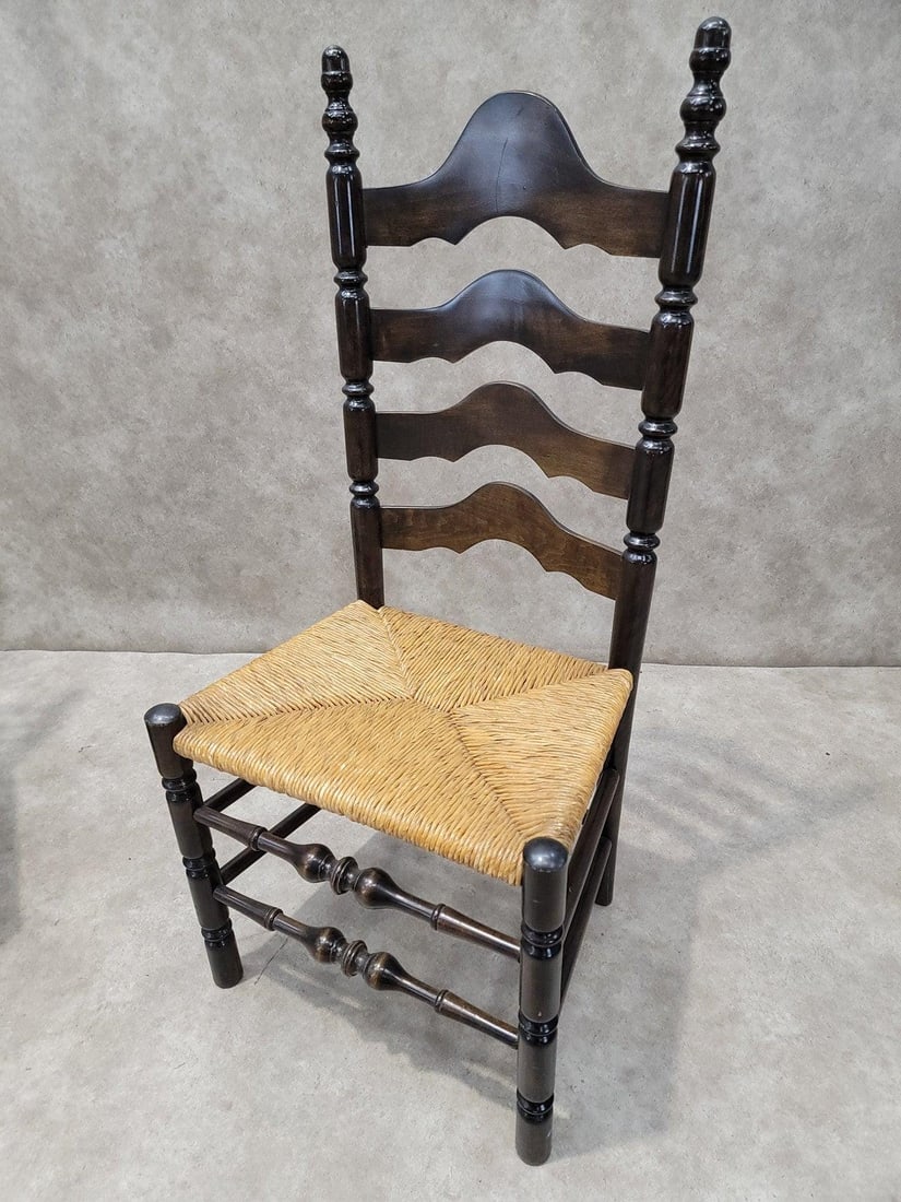 Vintage French Country Style Ladder Back Rush Seat Side Chairs - Pair - 7