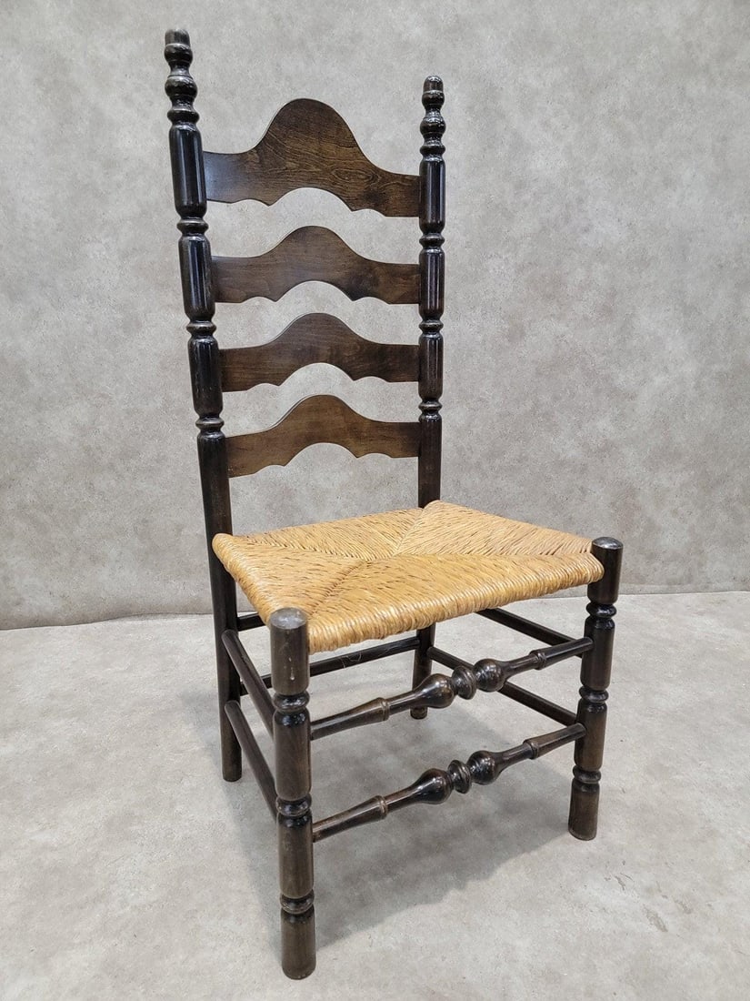 Vintage French Country Style Ladder Back Rush Seat Side Chairs - Pair - 9