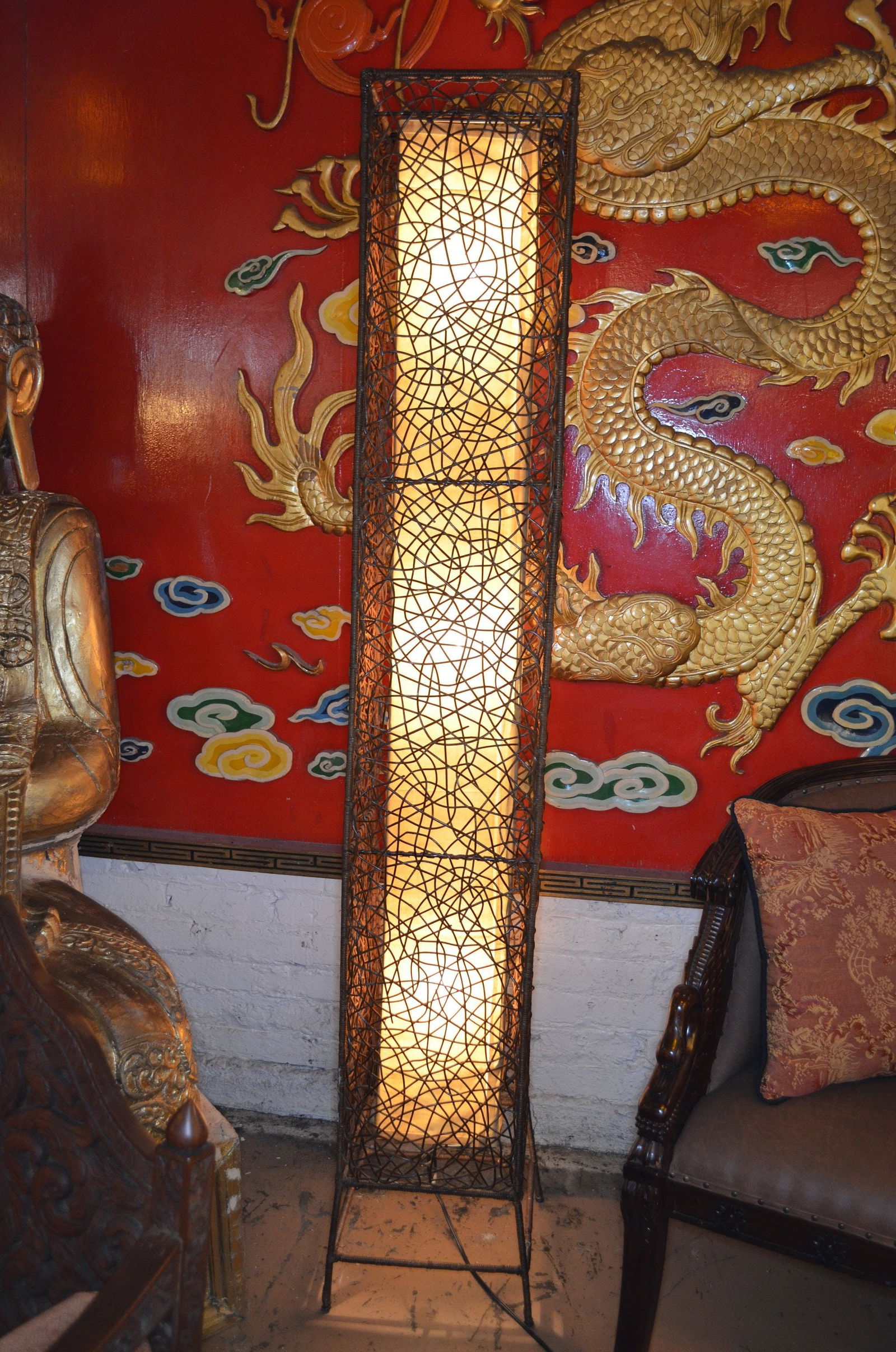 Mid Century Modern Italian Rattan Floor Lamp: Title: Mid Century Modern Italian Rattan Floor Lamp Description: Vintage from the 1970s Materials: Fabric, metal, wood Width: 11 inches Height: 71 inches Depth: 11 inches Mid Century Modern Italian Ra