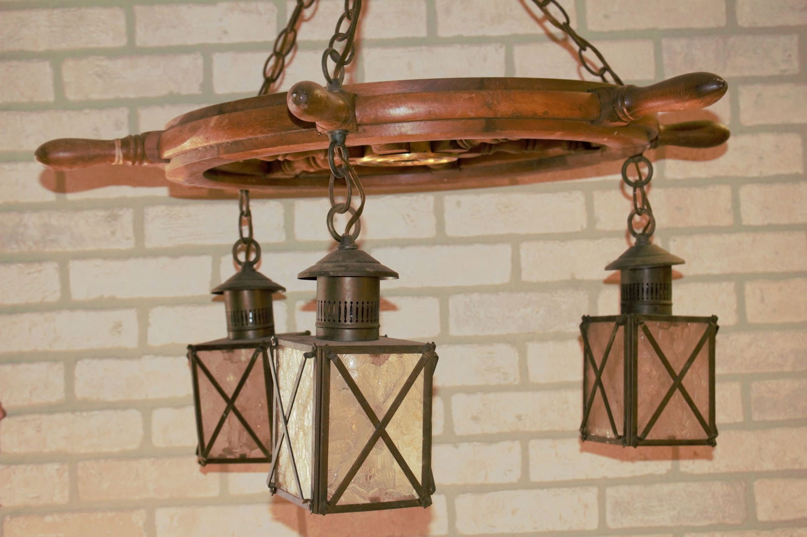 Vintage Nautical Ship Wheel Chandelier with Three Lanterns - 4
