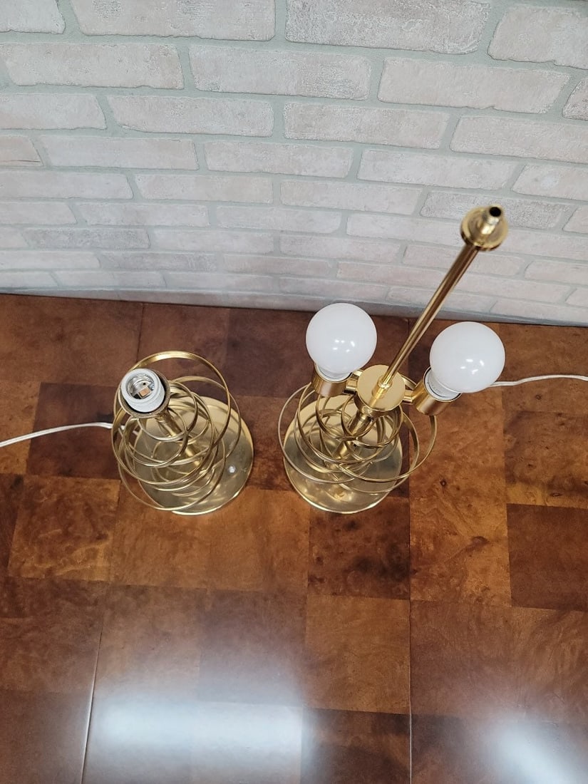 Designer Luciano Frigerio Style Brass Spiral Table Lamps with Custom Shades - Set of 2 - 5