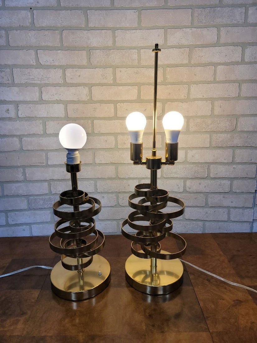 Designer Luciano Frigerio Style Brass Spiral Table Lamps with Custom Shades - Set of 2 - 7