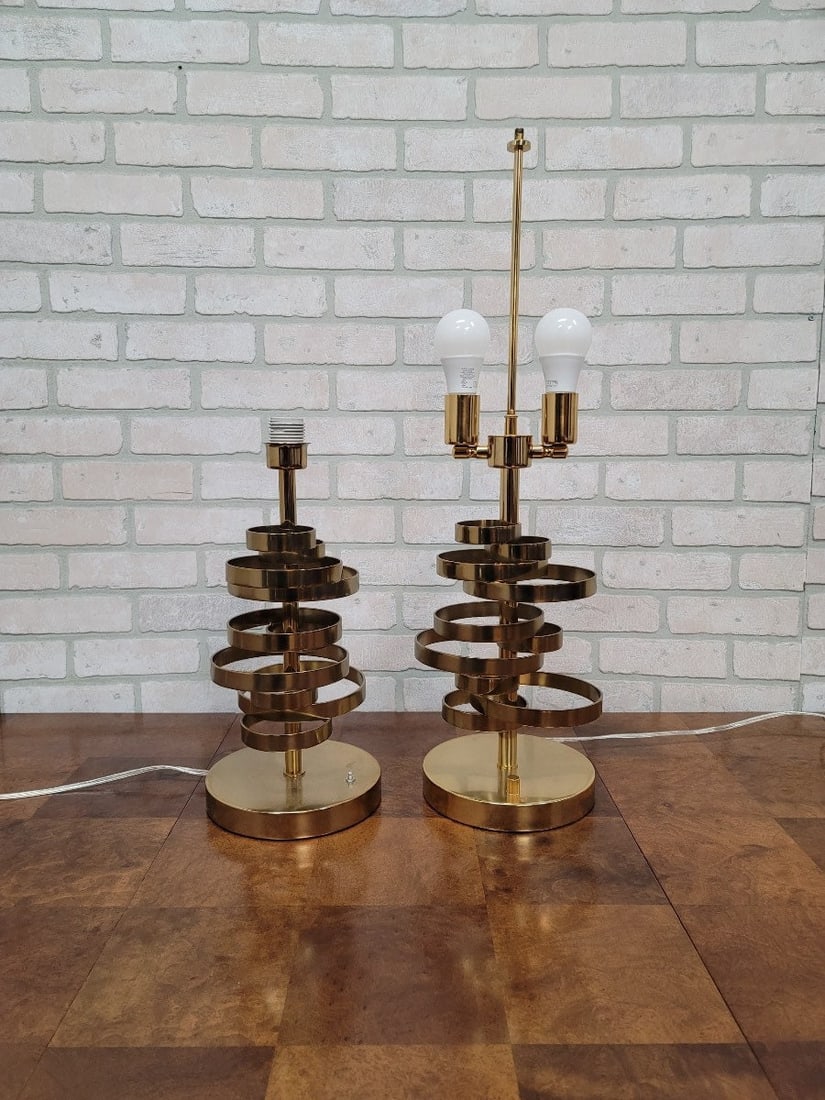 Designer Luciano Frigerio Style Brass Spiral Table Lamps with Custom Shades - Set of 2 - 8