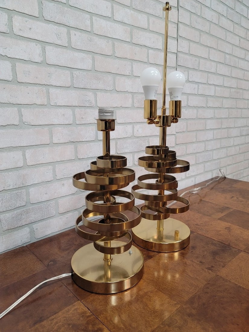 Designer Luciano Frigerio Style Brass Spiral Table Lamps with Custom Shades - Set of 2 - 9
