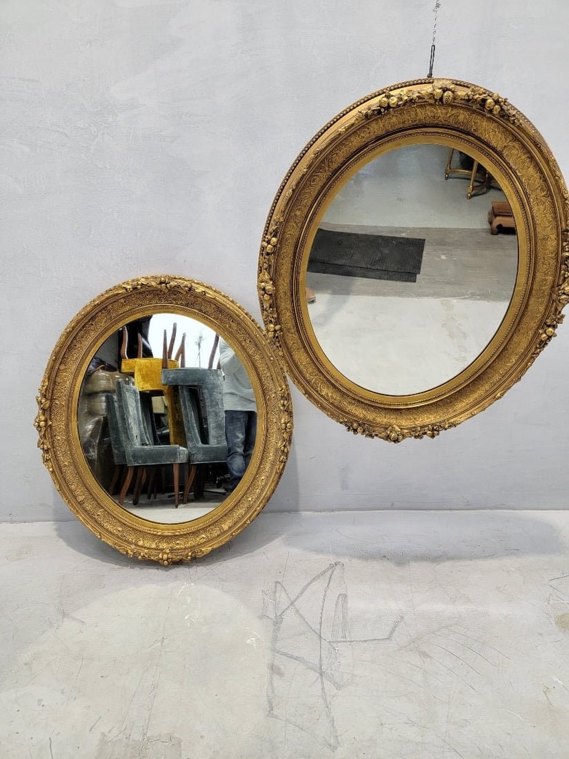 Antique French Napoleon III Gold Gilded Oval Wall Mirrors - Set of 2 - 10